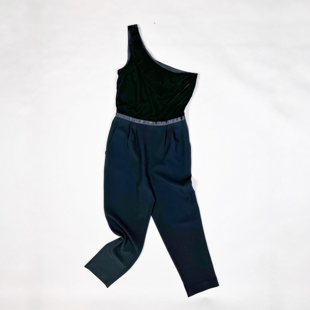 NEW Shoshanna Midnight Black Velvet One Shoulder Straight Leg Jumpsuit Jumper 2